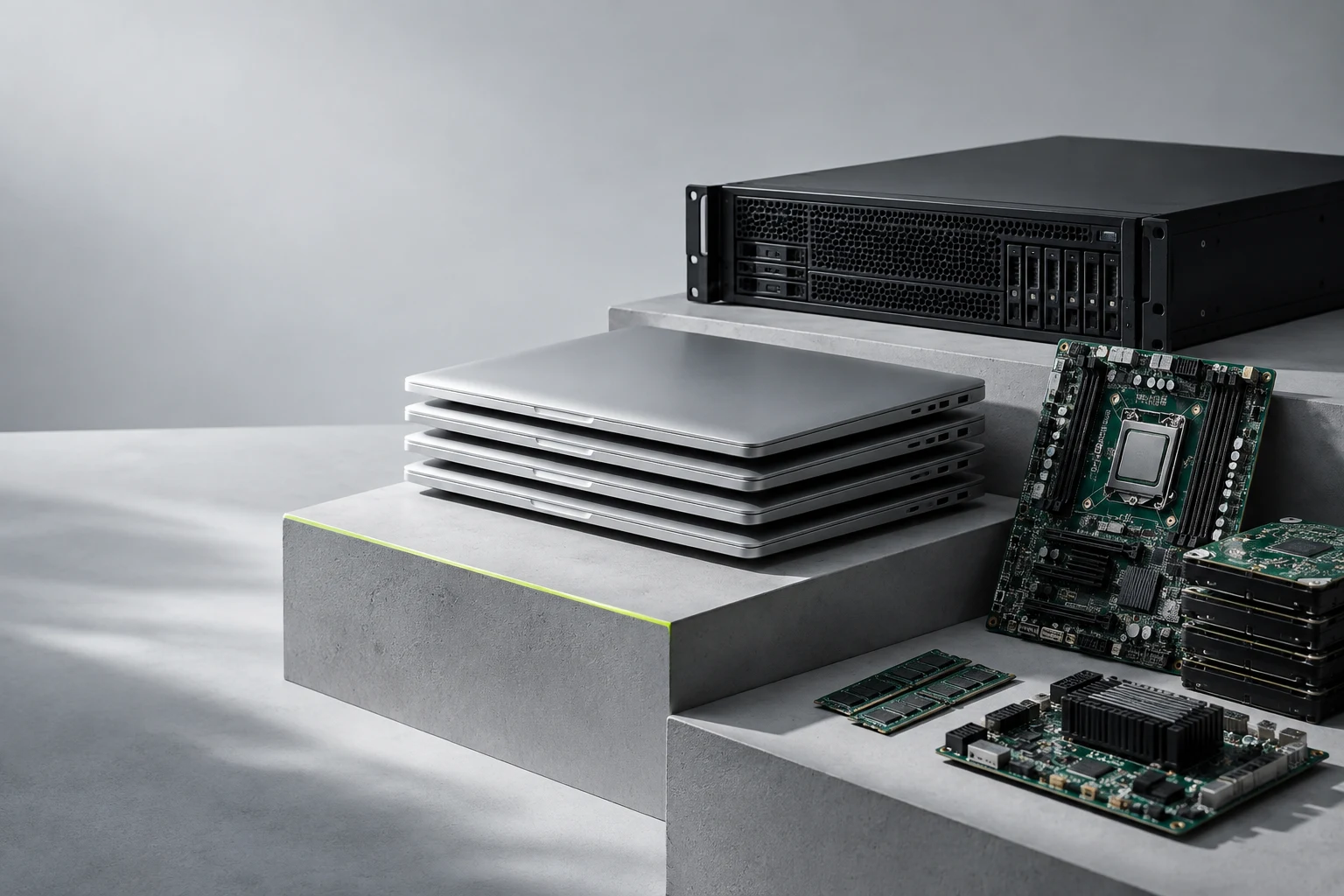 Retired laptops, server and circuit boards arranged for a fresh start